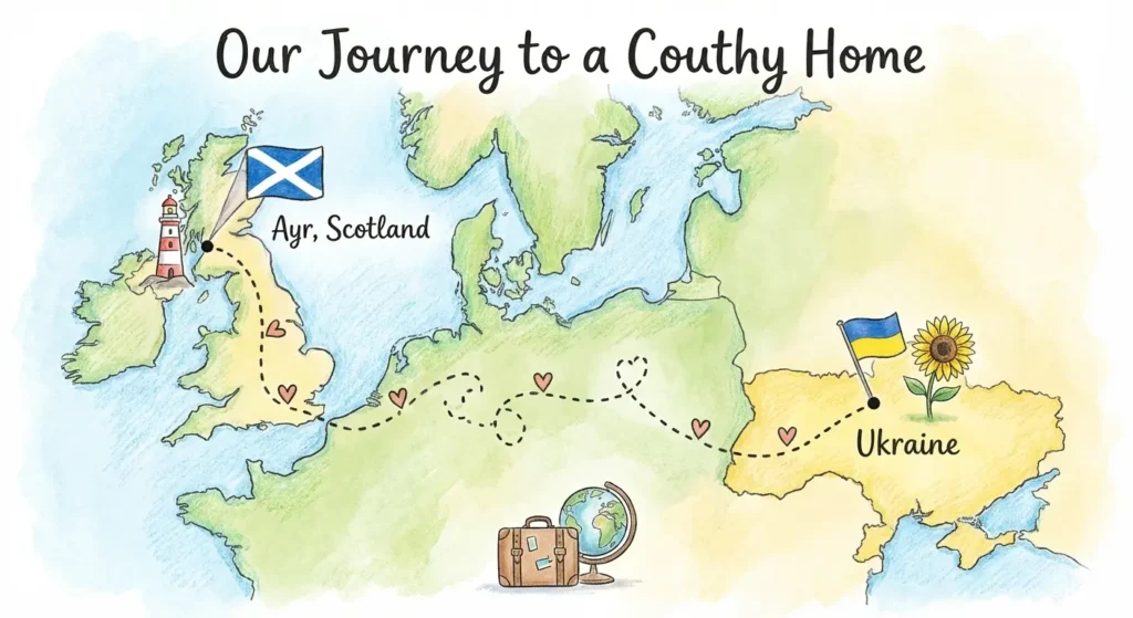 Map showing the journey of The Couthy Clean Co family from Ukraine to Ayrshire, Scotland.